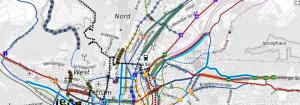 Kartenausschnitt Stadtplan Jena mit eingezeichneten symbolisierten Maßnahmen des Radverkehrsplans Jena 2035+