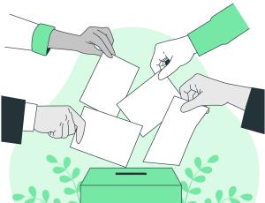 Die Zeichnung zeigt 4 verschiedene Hände, die weiße Blätter in eine grüne Box werfen.