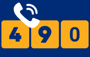 Auf blauem Hintergrund mit gelben Kacheln die Zahlen 4, 9 und 0 und ein stilisiertes Telefon in weiß