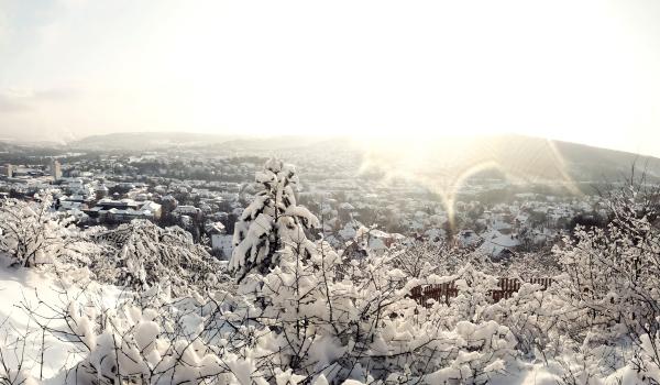 Blick von einem Berg aus in ein verschneites Tal mit schneebehangenen Bäumen und viel Sonnenschein