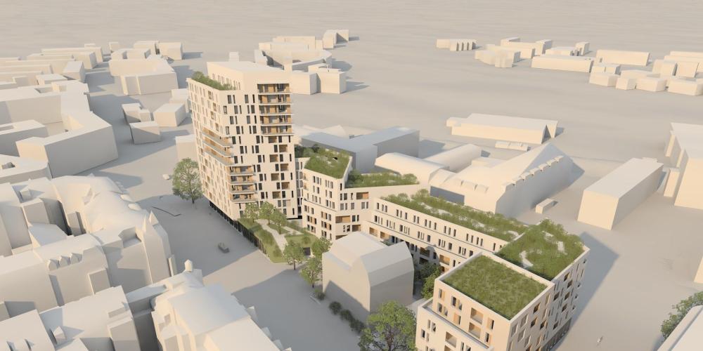 Ein virtuelles Modell eines Wohnquartier mit Hochhaus