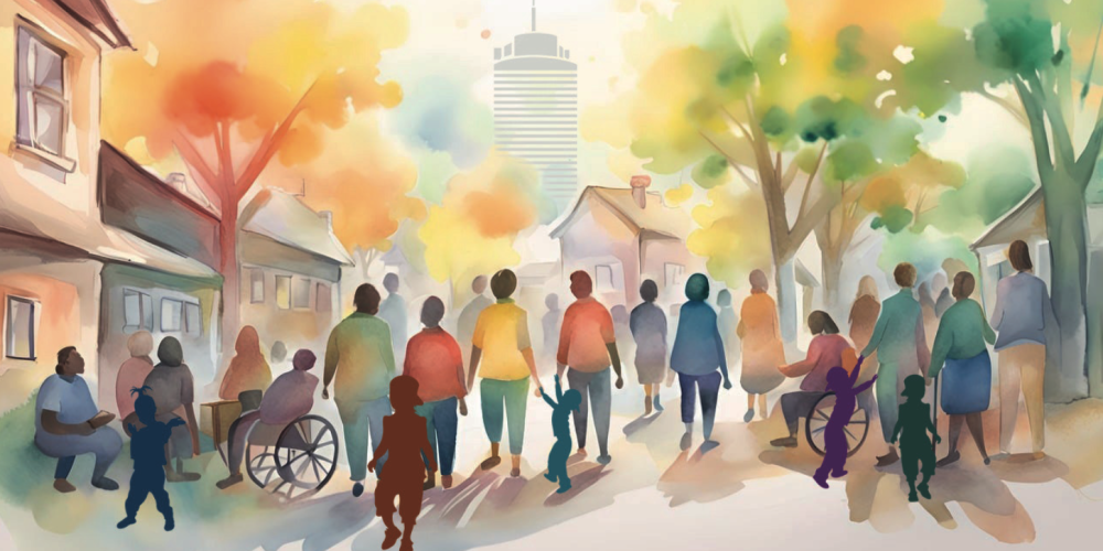 Illustration einer vielfältigen Menschengruppe auf einer von Bäumen gesäumten Straße in einer Stadt. Zu sehen sind Erwachsene, Kinder und Personen im Rollstuhl, die gemeinsam in Richtung des Jenatowers gehen. Die Szene ist in warmen, freundlichen Farben gemalt und vermittelt Gemeinschaft, Inklusion und Zusammenhalt.