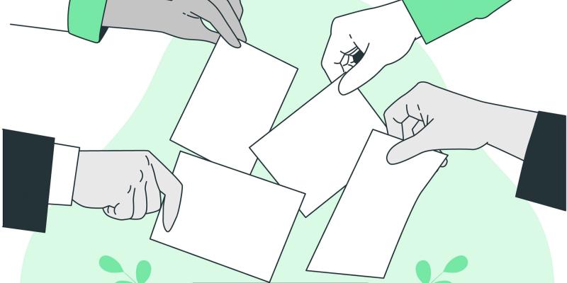 Die Zeichnung zeigt 4 verschiedene Hände, die weiße Blätter in eine grüne Box werfen.