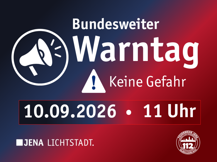 Grafik zum bundesweiten Warntag, enthält folgenden Text: Bundesweiter Warntag. Keine Gefahr! 10.09.2026 - 11:00 Uhr