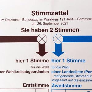 Muster eines Stimmzettels zur Bundestagswahl 2021 Jena - zu sehen ist, dass 2 Stimmen abgegeben werden können