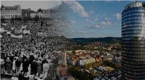 Der Eichplatz mit Demonstranten in der DDR und eine heutige Ansicht des Jenaer Stadtzentrums
