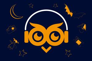 Das stilisierte Gesicht einer Eule mit Kopfhörern auf den Ohren, umgeben von kleinen Symbolen wie Sterne, Mond oder Fledermaus