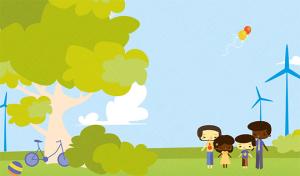 Grafik von einem Park mit lächelnden Menschen, Luftballons, Windrädern und Spielgeräten, wo Dein Tag im Paradies gefeiert wird.