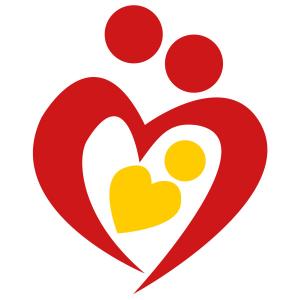 Rotes stilisertes Herz auf weißem Grund, im Inneren ein gelbes Herz und ein Punkt, obendrüber zwei rote Punkte