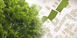 Natur und Stadt - Konzeptbild mit Baumblatt in einem öffentlichen Park und Stadtplan