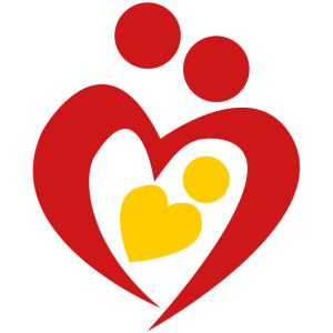 Eine rotes stilisiertes Herz mit einem kleinen gelben Herzen in der Mitte und obenauf zwei roten Punkten