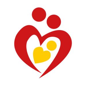 Rotes stilisiertes Herz auf weißem Grund, im Inneren ein gelbes Herz und ein Punkt, obendrüber zwei rote Punkte