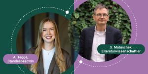 Im Bild zu sehen sind eine Frau und ein Mann, dazu die Schriftzüge: A. Tegge, Standesbeamtin S. Matuschek, Literaturwissenschaftler