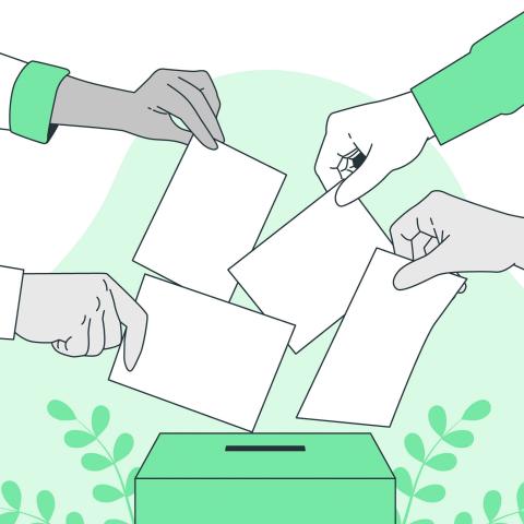 Die Zeichnung zeigt 4 verschiedene Hände, die weiße Blätter in eine grüne Box werfen.