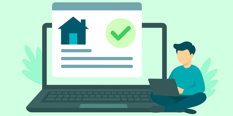 Ein Mensch sitzt mit einem Laptop auf dem Schoß neben einem übergroßen Rechner, eine Grafik zeigt ein Haus und daneben einen grünen Haken