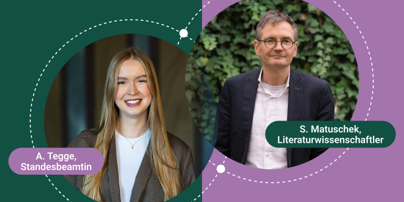 Im Bild zu sehen sind eine Frau und ein Mann, dazu die Schriftzüge: A. Tegge, Standesbeamtin S. Matuschek, Literaturwissenschaftler