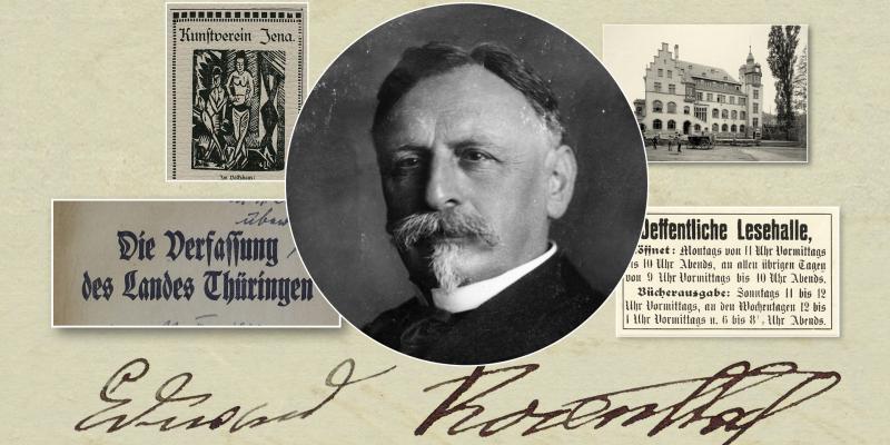 Collage mit einem schwarzweiss Bild von Rosenthal in der Mitte, daneben Auzüge aus seinen Schriften